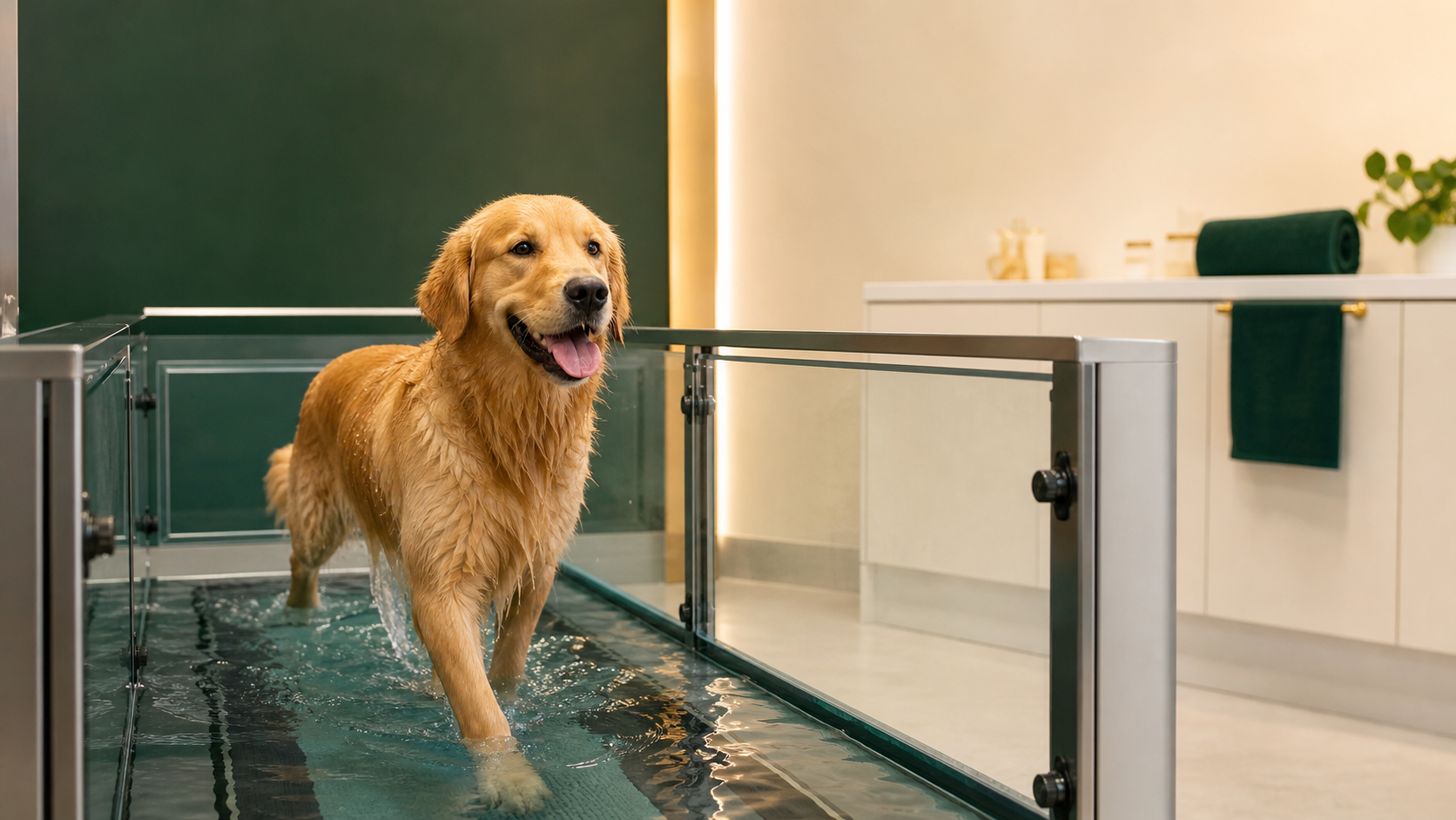 Dog walking in a canine hydrotherapy treadmill